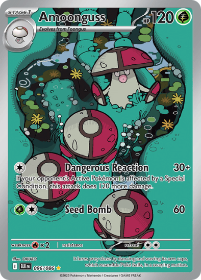 Pokémon trading card featuring Amoonguss with colorful design and text.