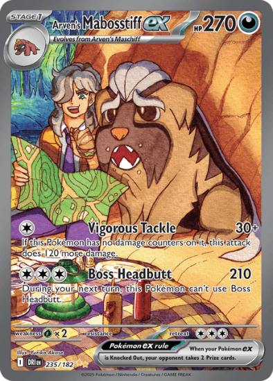 Pokémon trading card featuring Arven's Mabosstiffé with artwork and text details.