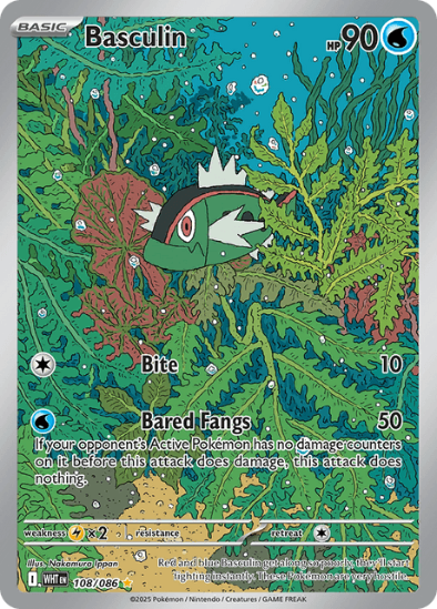 Pokémon trading card featuring a creature with green and red colors on a leafy background