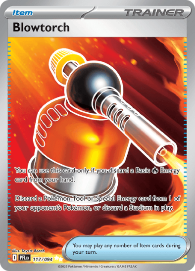 Pokémon trading card featuring a blowtorch item with flames and text.