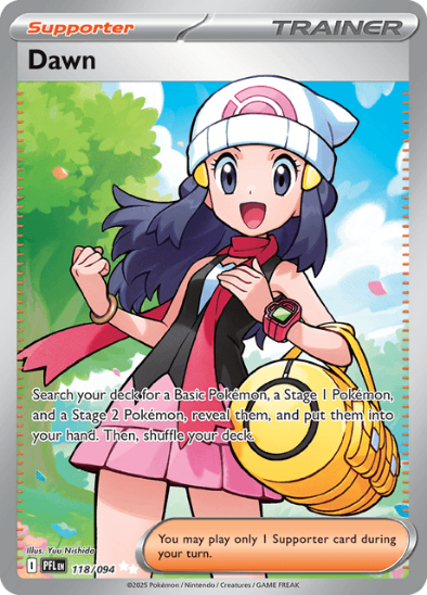 Pokémon trading card featuring a character named Dawn with a trainer badge.