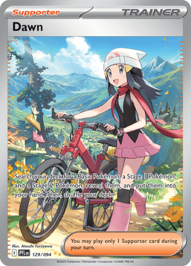 Pokémon trading card featuring a character on a bike with scenic background