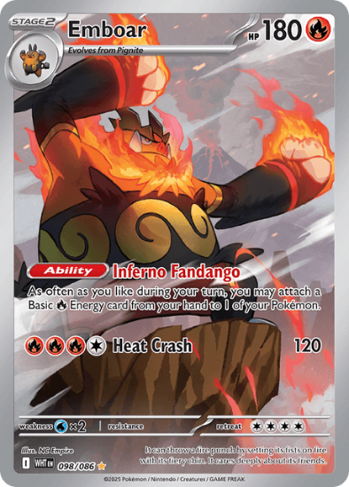 Pokémon trading card featuring Emboar with fiery effects