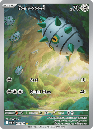 Pokémon trading card featuring Ferroseed with a green and gray background