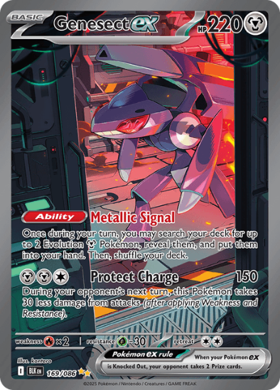 Pokémon trading card featuring Genesect EX with detailed artwork and text.