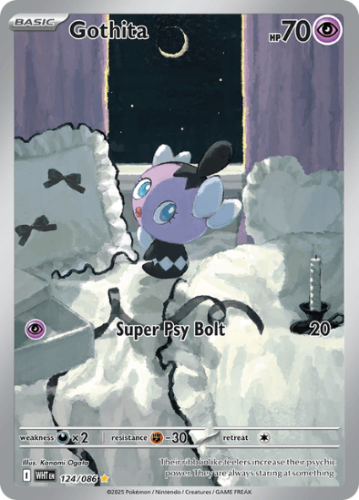 Gothita Pokémon trading card with a purple creature and bow-tie design.