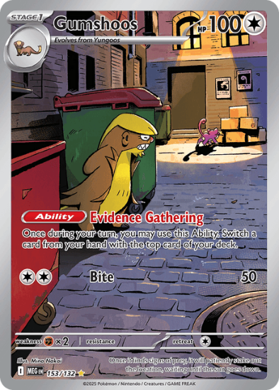Pokémon trading card featuring a Gumshoos character with a trash can and building in the background.