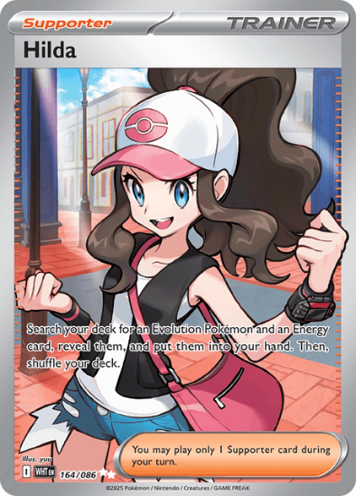 Pokémon trading card featuring Hilda, a trainer character, with Pokémon logo on cap.