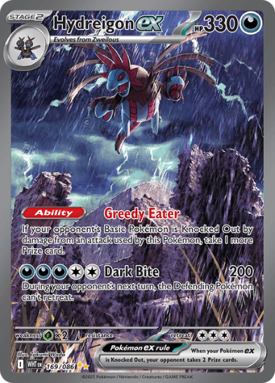 Pokémon trading card featuring Hydreigon EX with a dark, stormy background.