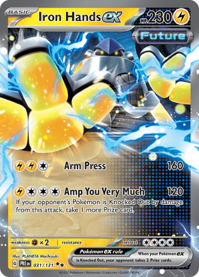 Pokémon trading card featuring Iron Hands ex with blue and yellow design