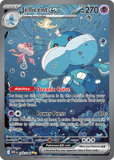 Pokémon trading card featuring Jellicent EX with blue and white design