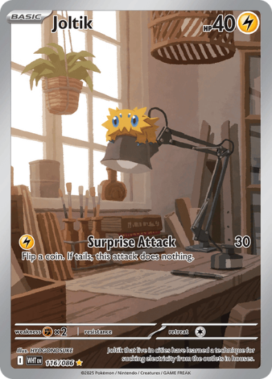 Pokémon trading card featuring Joltik with a desk and lamp in the background