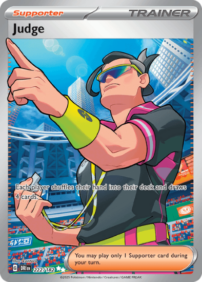 Trading card featuring a character labeled 'Judge' with a cityscape background