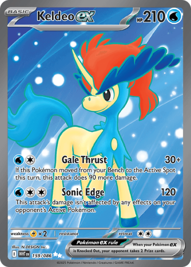 Pokémon trading card featuring Keldeo EX with blue and red hair on a snowy background