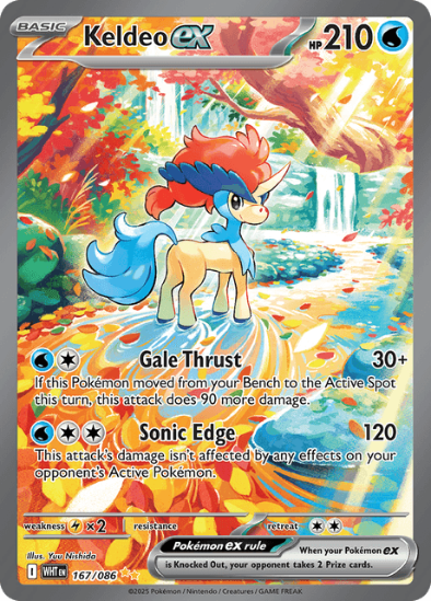 Pokémon trading card featuring Keldeo EX with vibrant water-themed artwork.