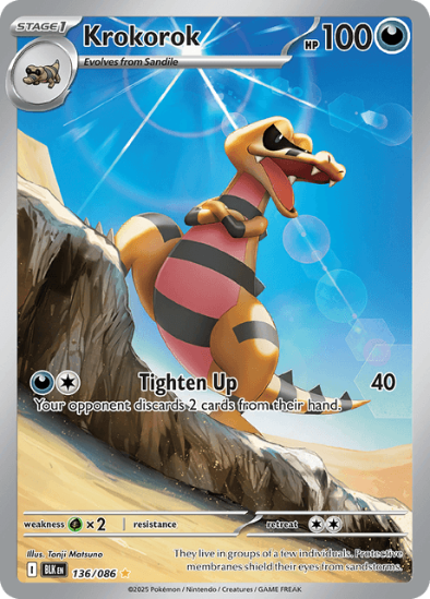 Pokémon trading card featuring Krokorok with a blue sky and mountain background