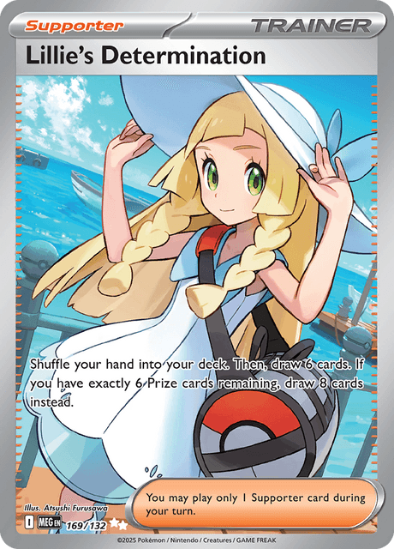 Pokémon trading card featuring a character named Lillie with a blue sky and water background.