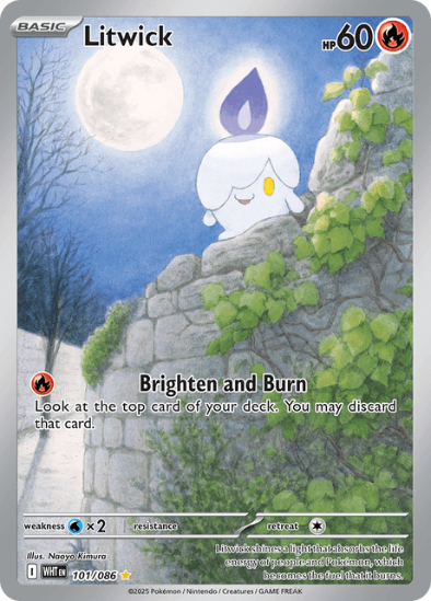 Pokémon trading card featuring Litwick on a stone wall with a moonlit sky.