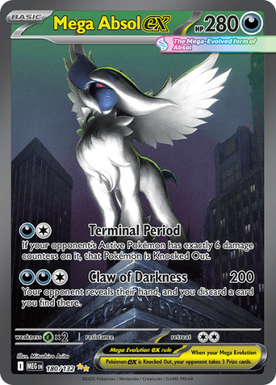 Mega Absol EX trading card with cityscape background