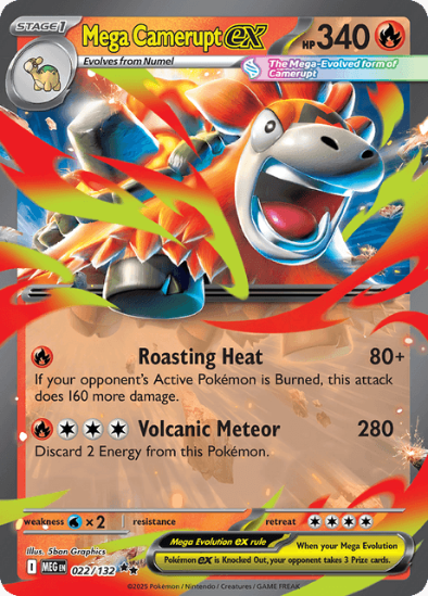 Pokémon trading card featuring Mega Camerupt EX with vibrant colors and detailed design.