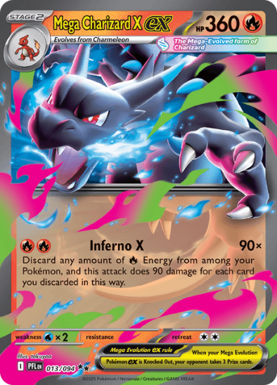 Pokémon trading card featuring Mega Charizard X EX with colorful design and text.