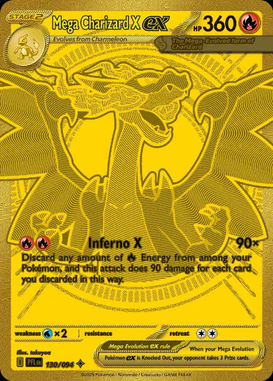 Mega Charizard X EX Pokémon trading card with gold and black design