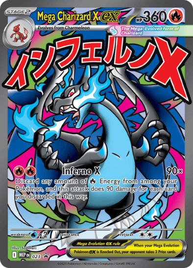 Pokémon trading card featuring Mega Charizard X with colorful design and text.