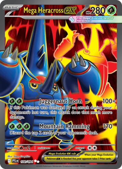 Pokémon trading card featuring Mega Heracross EX with vibrant colors and text.