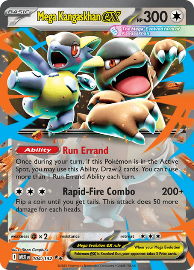 Mega Kangaskhan EX trading card with character illustration and game details.