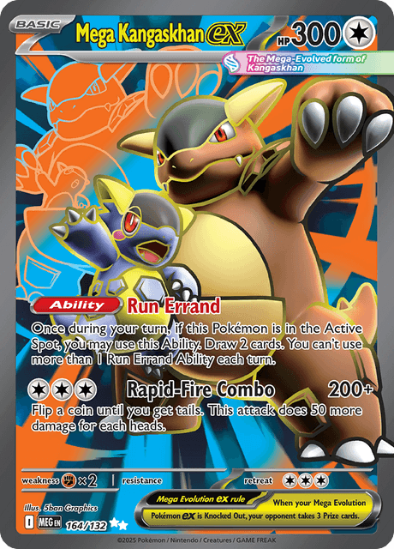 Mega Kangaskhan EX trading card with detailed artwork and text.