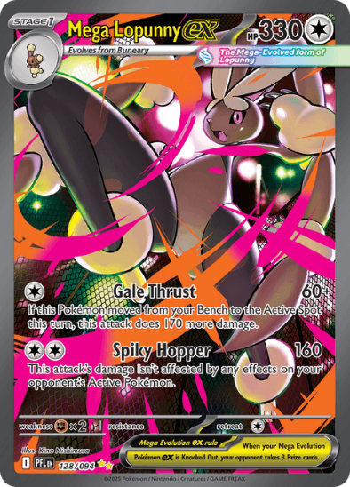 Colorful trading card featuring Mega Lapunny EX with various effects and text.