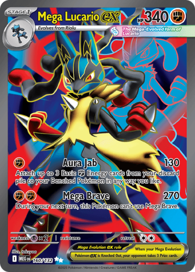 Pokémon trading card featuring Mega Lucario EX with vibrant colors and detailed design.