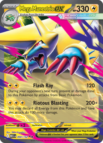 Pokémon trading card featuring Mega Manectric EX with colorful design and text.
