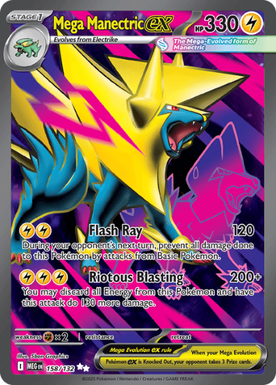 Mega Manectric EX Pokémon trading card with colorful design and text.