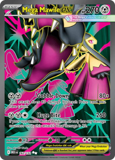 Mega Mawile EX trading card with vibrant colors and detailed design