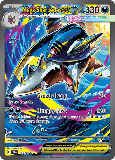 Pokémon trading card featuring Mega Sharpedo EX with vibrant colors and detailed design.