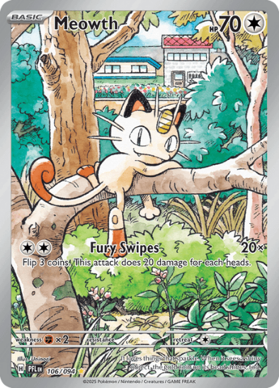 Pokémon trading card featuring Meowth in a forest setting
