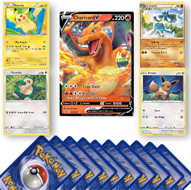 Collection of Pokémon trading cards featuring Charizard V and other characters, with additional packs displayed.