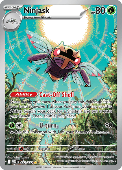 Pokémon trading card featuring Ninjask with green and blue background