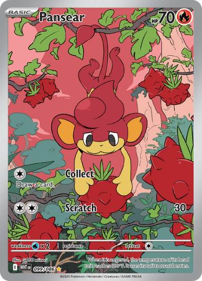 Pokémon trading card featuring Pansear with a red and yellow design on a pink background.