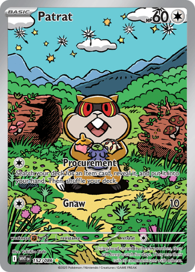 Trading card featuring a character named Patrat in a natural setting with mountains and trees.