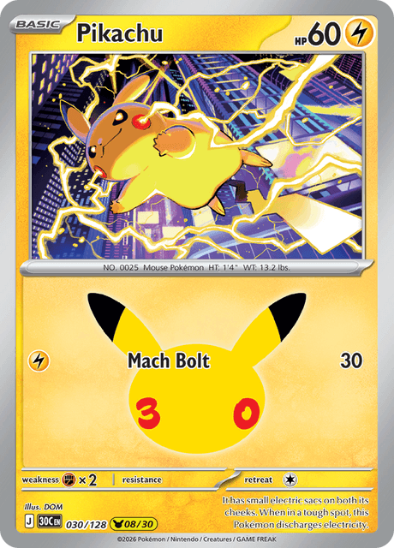 Pikachu 030/128- Holo Rare - 30th Celebration