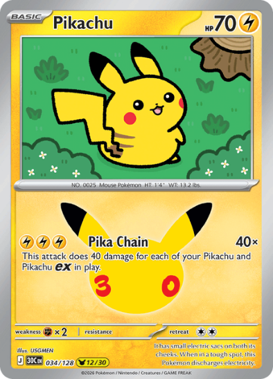 Pikachu 034/128 - Holo Rare - 30th Celebration