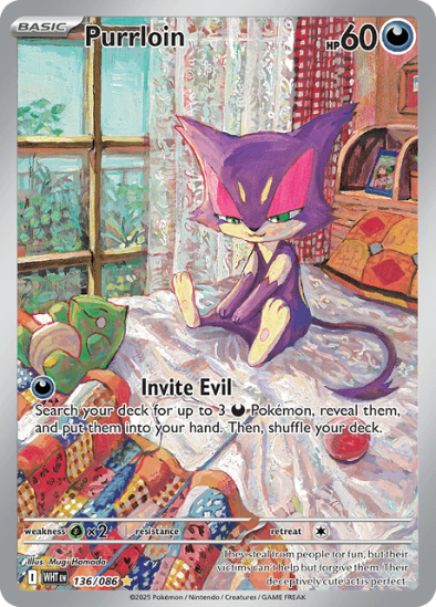 Pokémon trading card featuring a purple cat-like creature named Purrloin with colorful background
