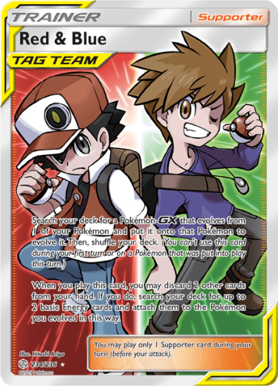 Trading card featuring two characters and game text on a colorful background