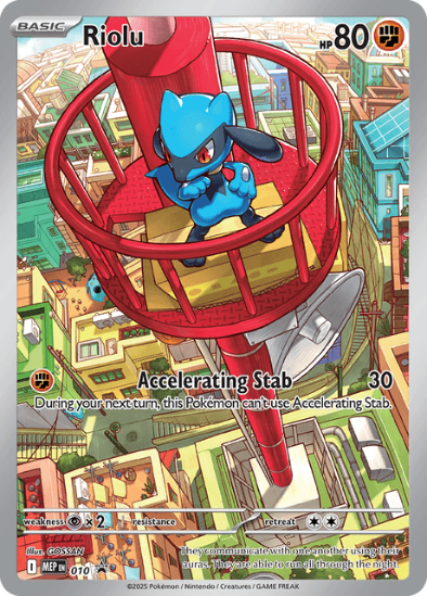 Pokémon trading card featuring Riolu with a cityscape background