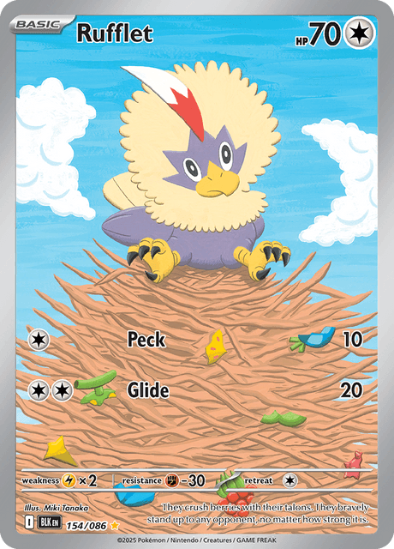 Pokémon trading card featuring Rufflet with a blue sky and clouds background
