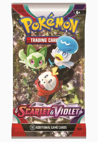 Pokémon trading card game pack with characters and 'Scarlet & Violet' branding.