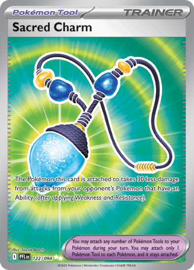 Pokémon trading card featuring 'Sacred Charm' with a Pokémon Tool graphic.