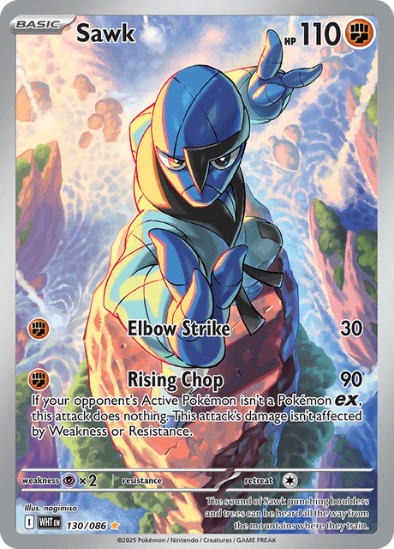 Pokémon trading card featuring Sawk with colorful design and text.